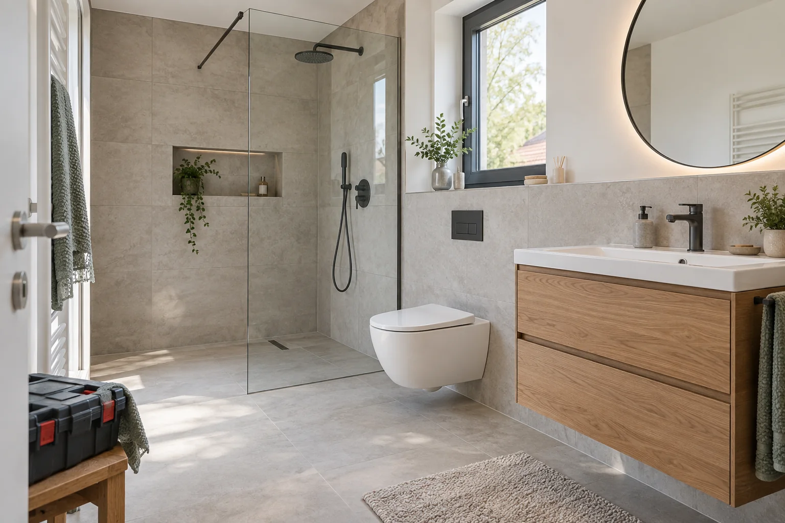 Modernes Badezimmer mit Dusche, Waschtisch und wandhängendem WC