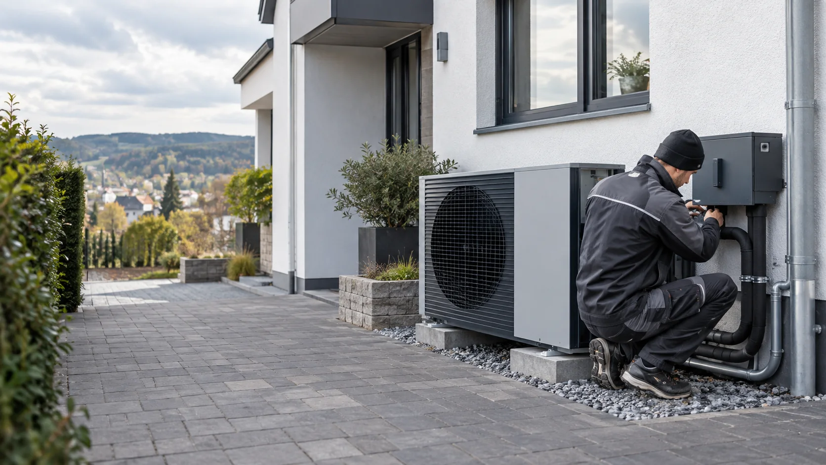 Installation einer modernen Wärmepumpe an einem Wohnhaus